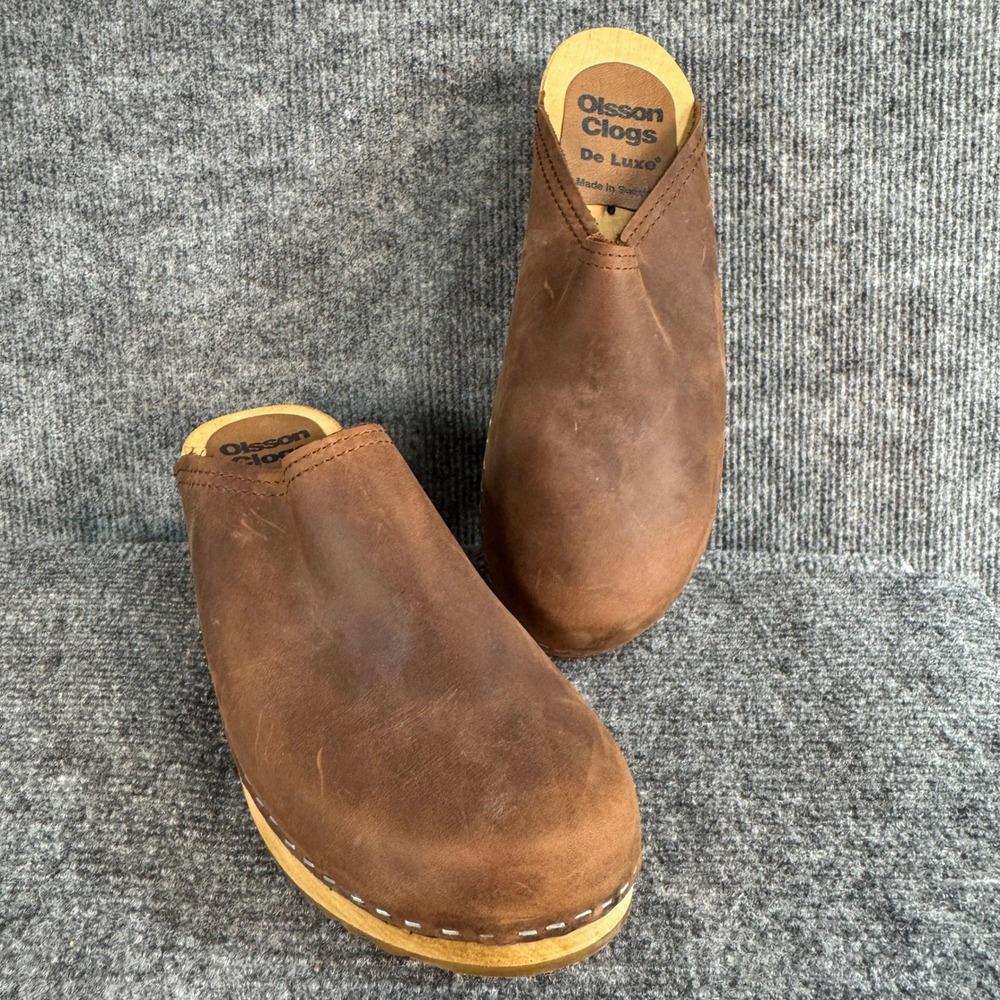 Olsson Clogs De Luxe Brown Leather Wooden Mules Made in Sweden Size 42 - Picture 2 of 16